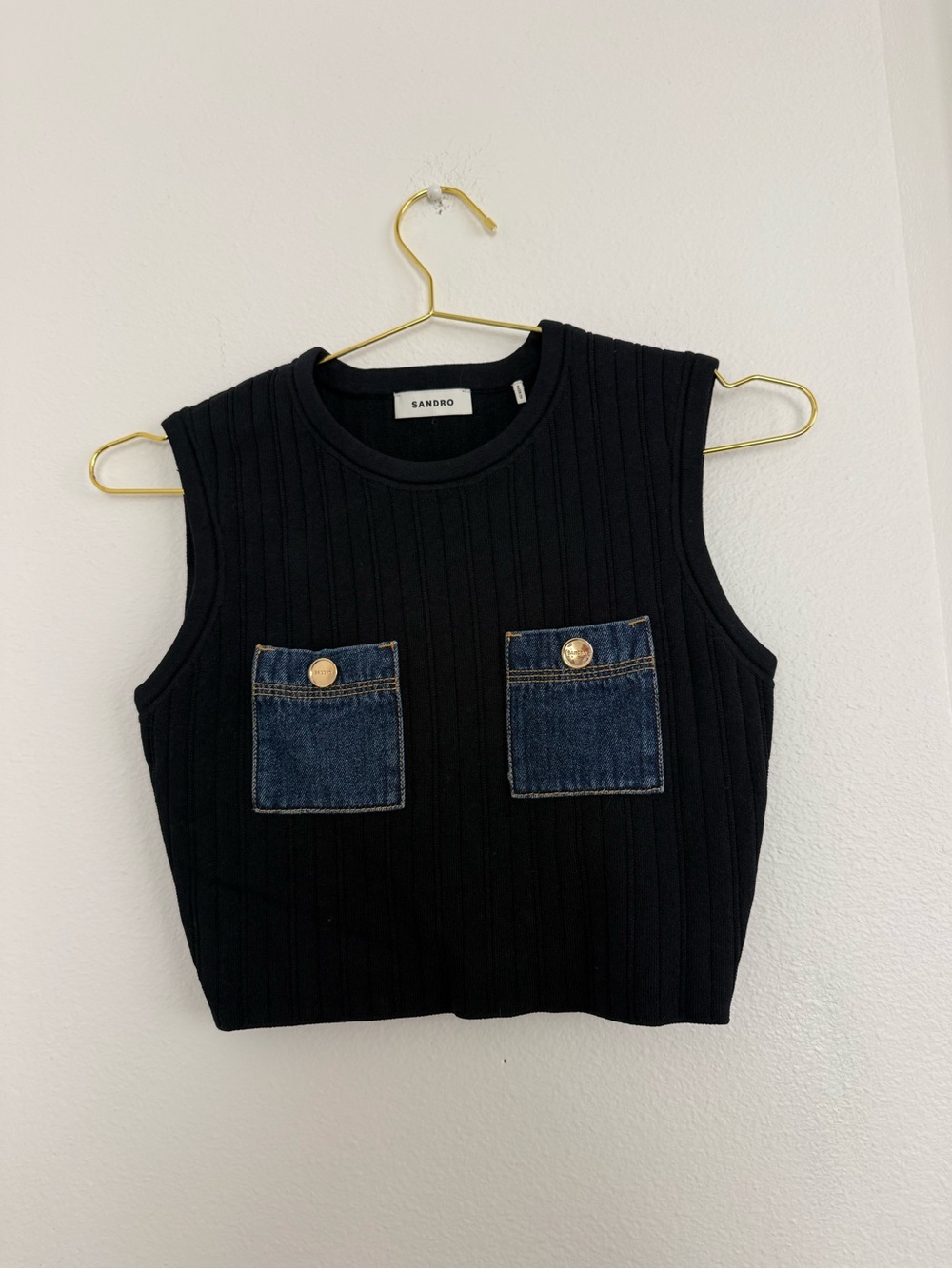 Sandro Rib Knit Denim Pocket Top
